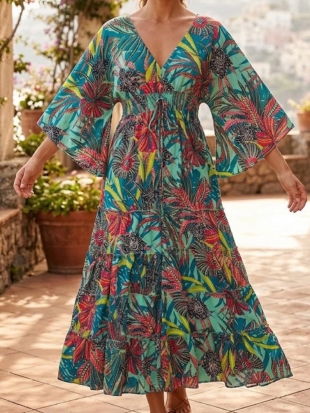 Anthropologie Boemo Tropical Teal Floral Maxi Dress with Flutter Sleeves Size XL